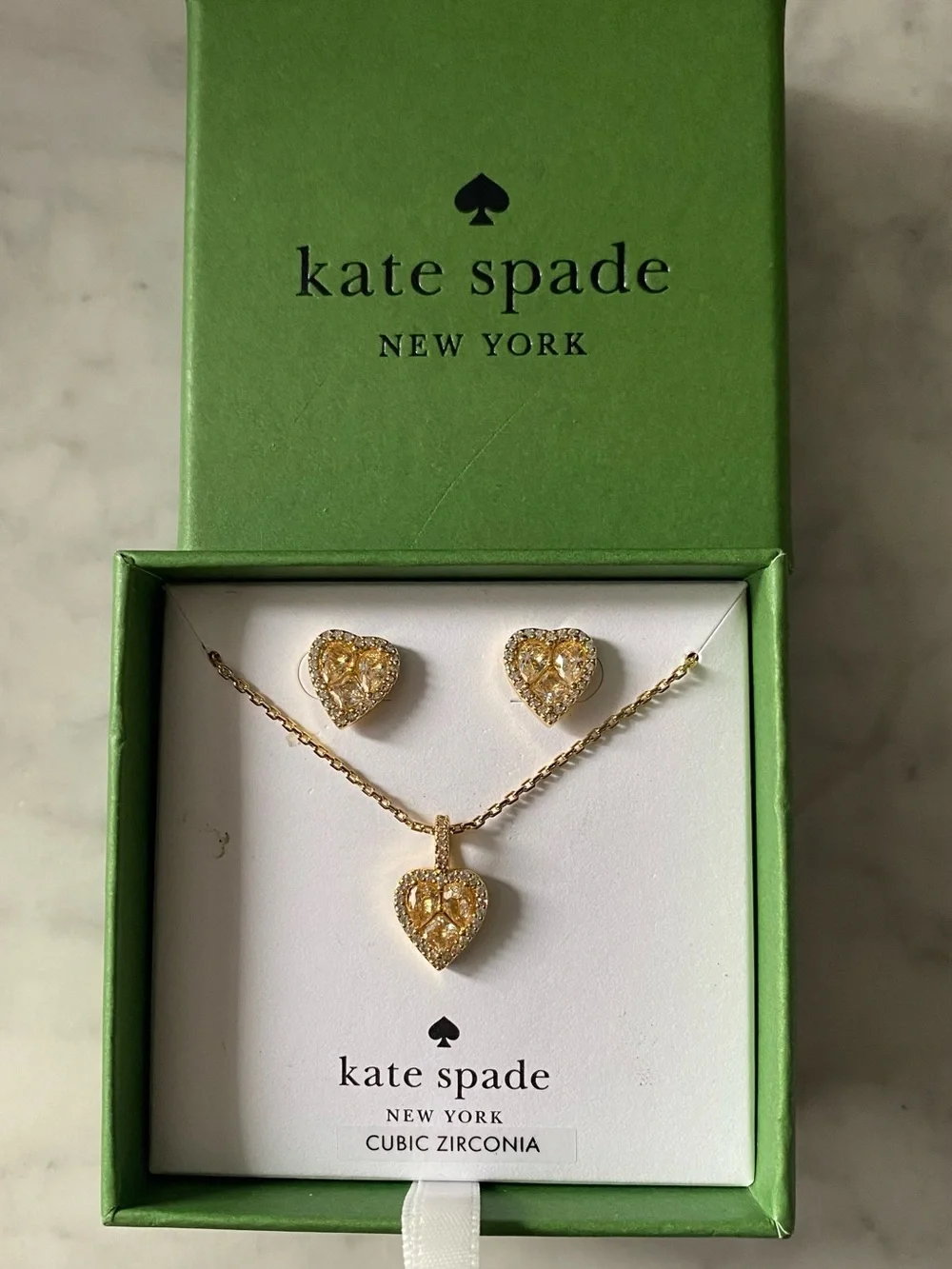 Kate Spade “Spell It Out” Gold/clear Heart Shaped Necklace And Earring Set New